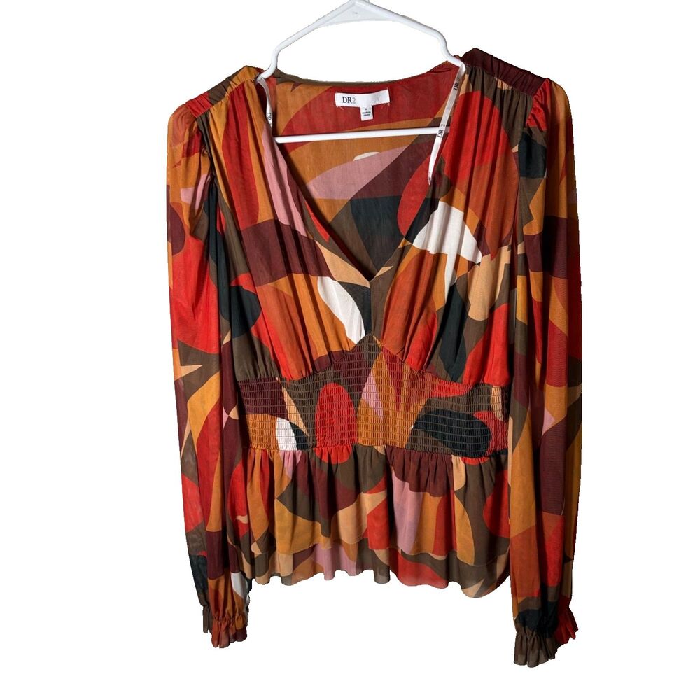 Dr2 Blouse Women's Medium V-Neck Long Sleeve Lightweight Mesh Top Casual